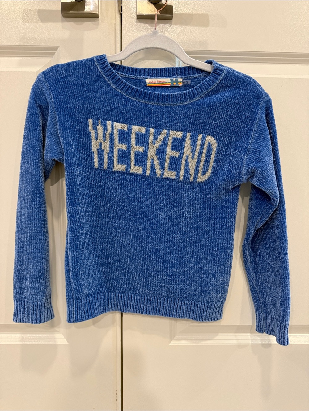 Vintage Havana Blue Chenille 'WEEKEND' Sweater with Cream Text